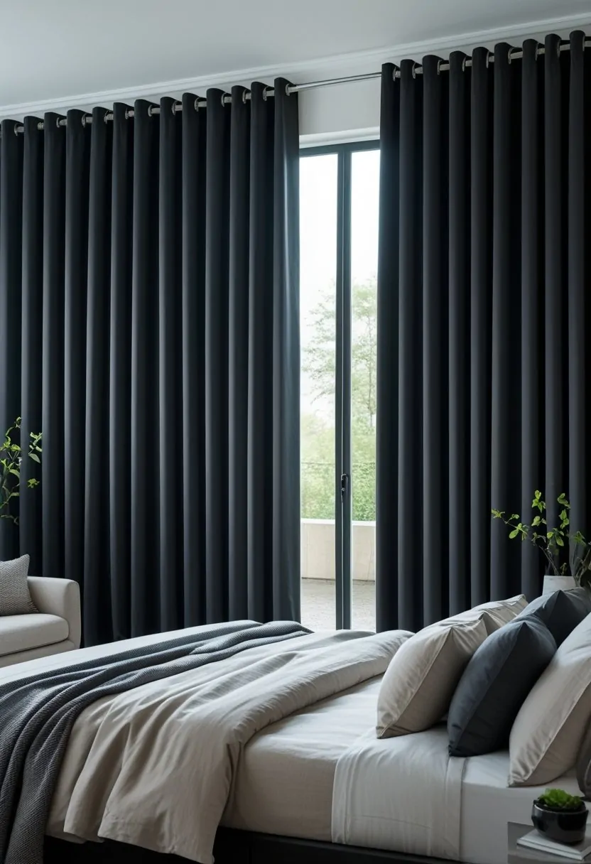 A bedroom with seven black blackout curtains covering large windows, creating a dark and cozy atmosphere inside.