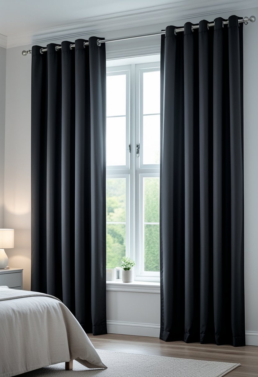 A bedroom with a window covered by black blackout curtains next to a bed and nightstand.