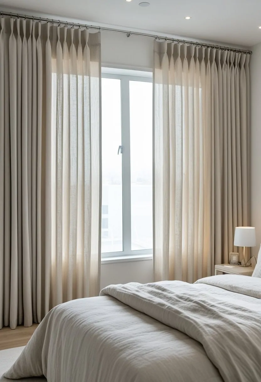 A bedroom with a large window covered by seven closed linen curtains, a bed, and a bedside table with a lamp.