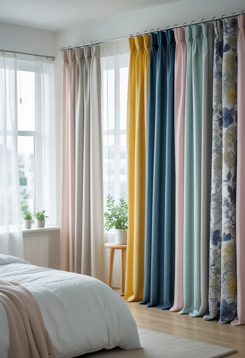 Seven bedroom curtains in different colors and patterns hanging in a bright room with a bed and nightstand.