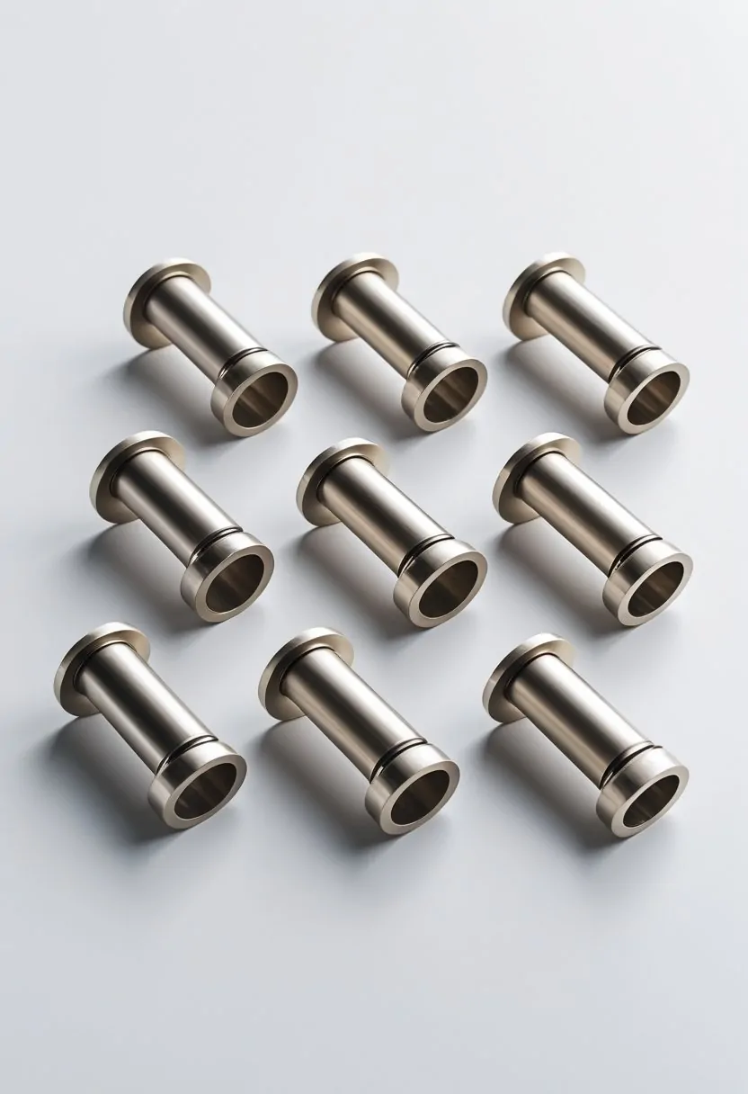 Seven metal curtain rod brackets arranged neatly on a white surface.