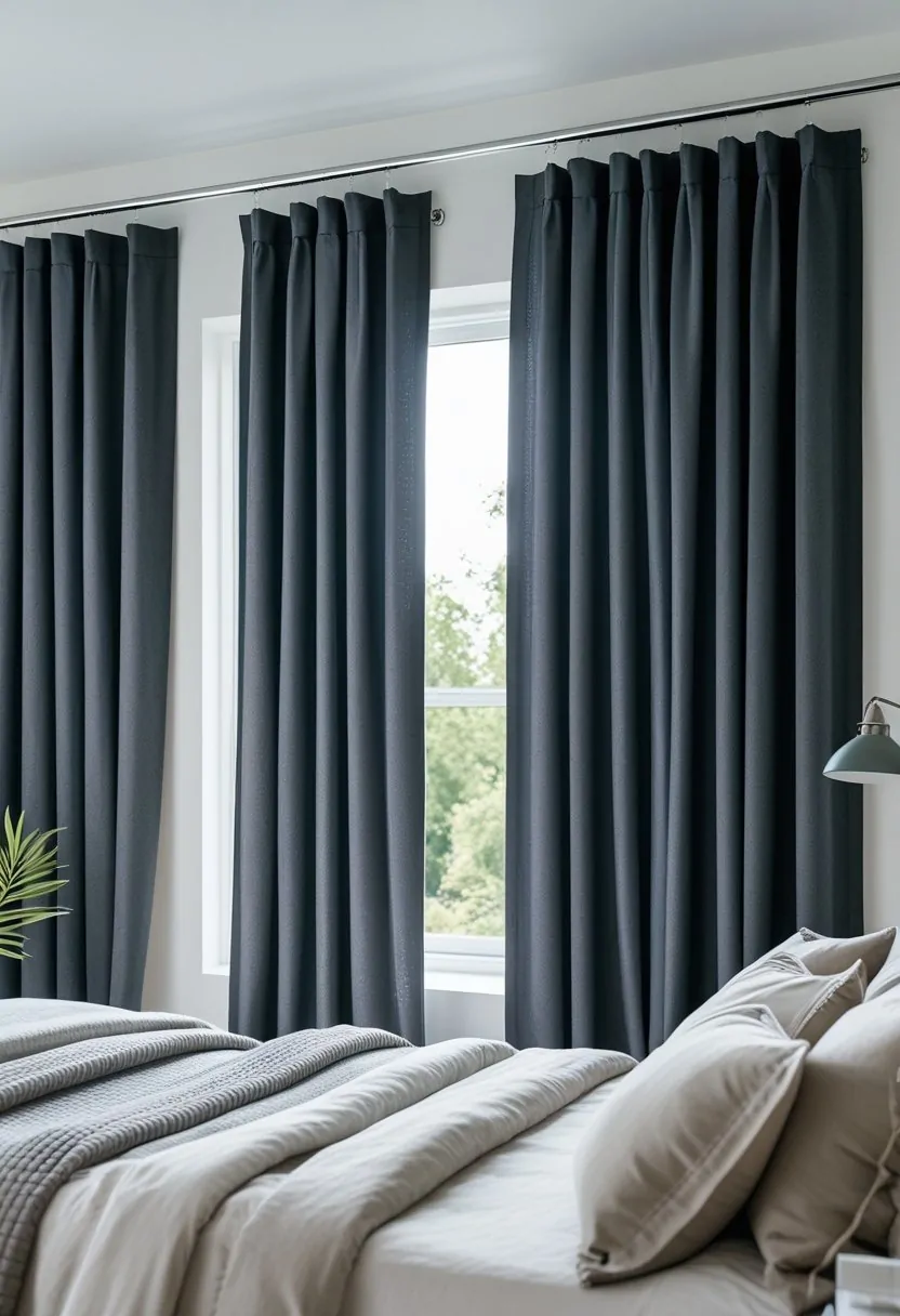 A bedroom with seven dark blackout curtains covering the windows, a neatly made bed, and minimal furniture.