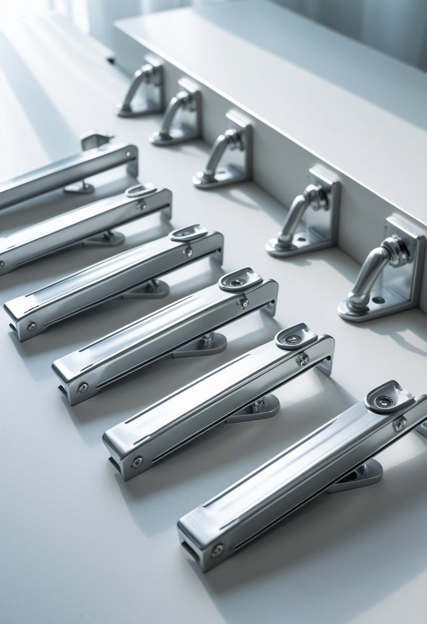 Seven silver no-drill curtain rod brackets arranged on a white surface.