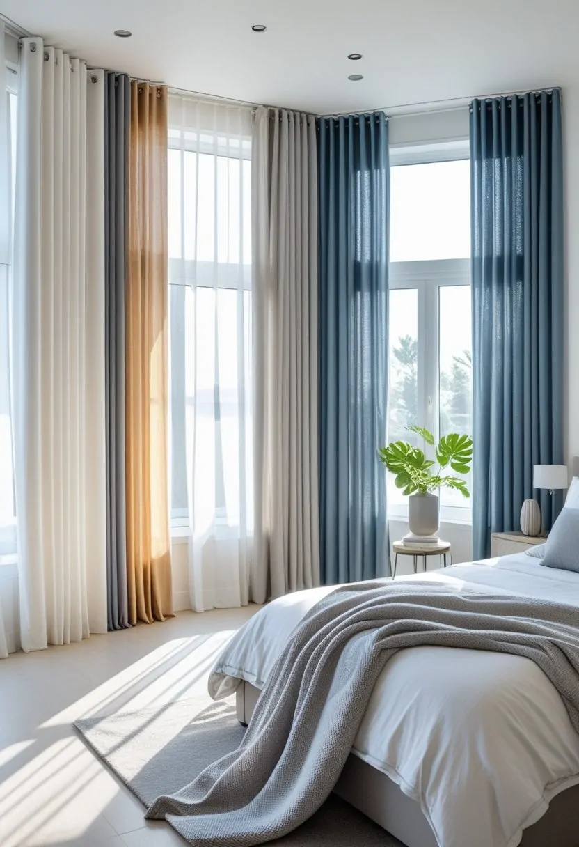 A bedroom with seven different curtains and drapes hanging on large windows, showcasing various fabrics and colors in natural light.
