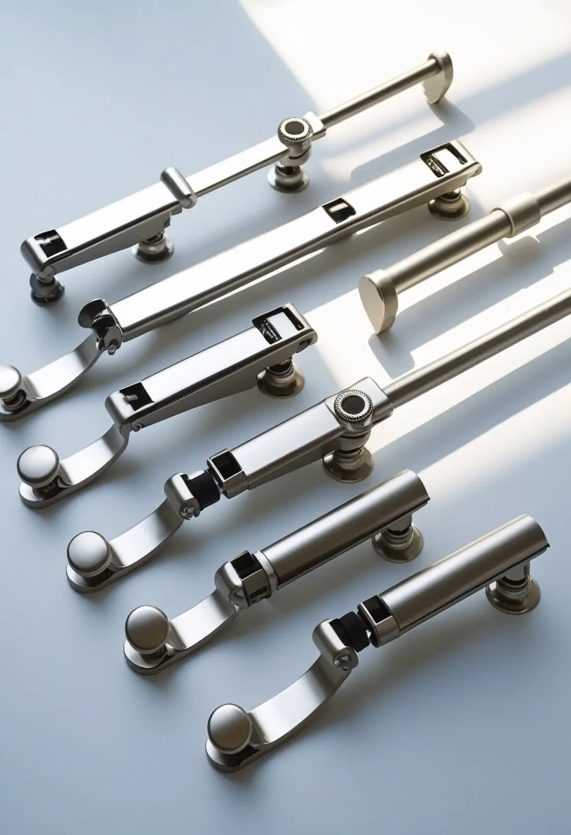 Seven adjustable metallic curtain rod brackets arranged on a white surface.
