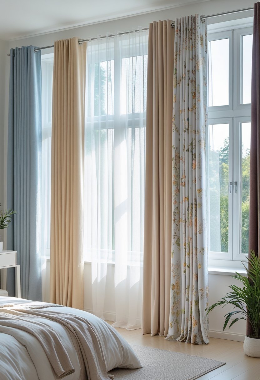A bedroom with seven different styles of curtains hanging on large windows, natural light filling the room, and a neatly made bed with simple decor.