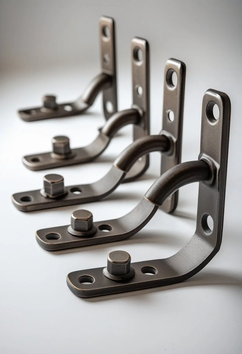 Seven heavy duty metal curtain rod brackets arranged on a white surface.