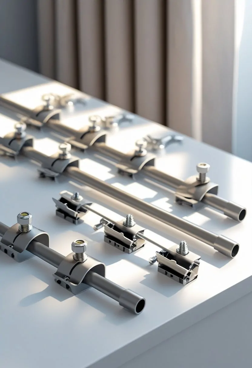 Seven no-drill curtain rod brackets arranged on a white surface with four brackets in front showing their clamp mechanisms.