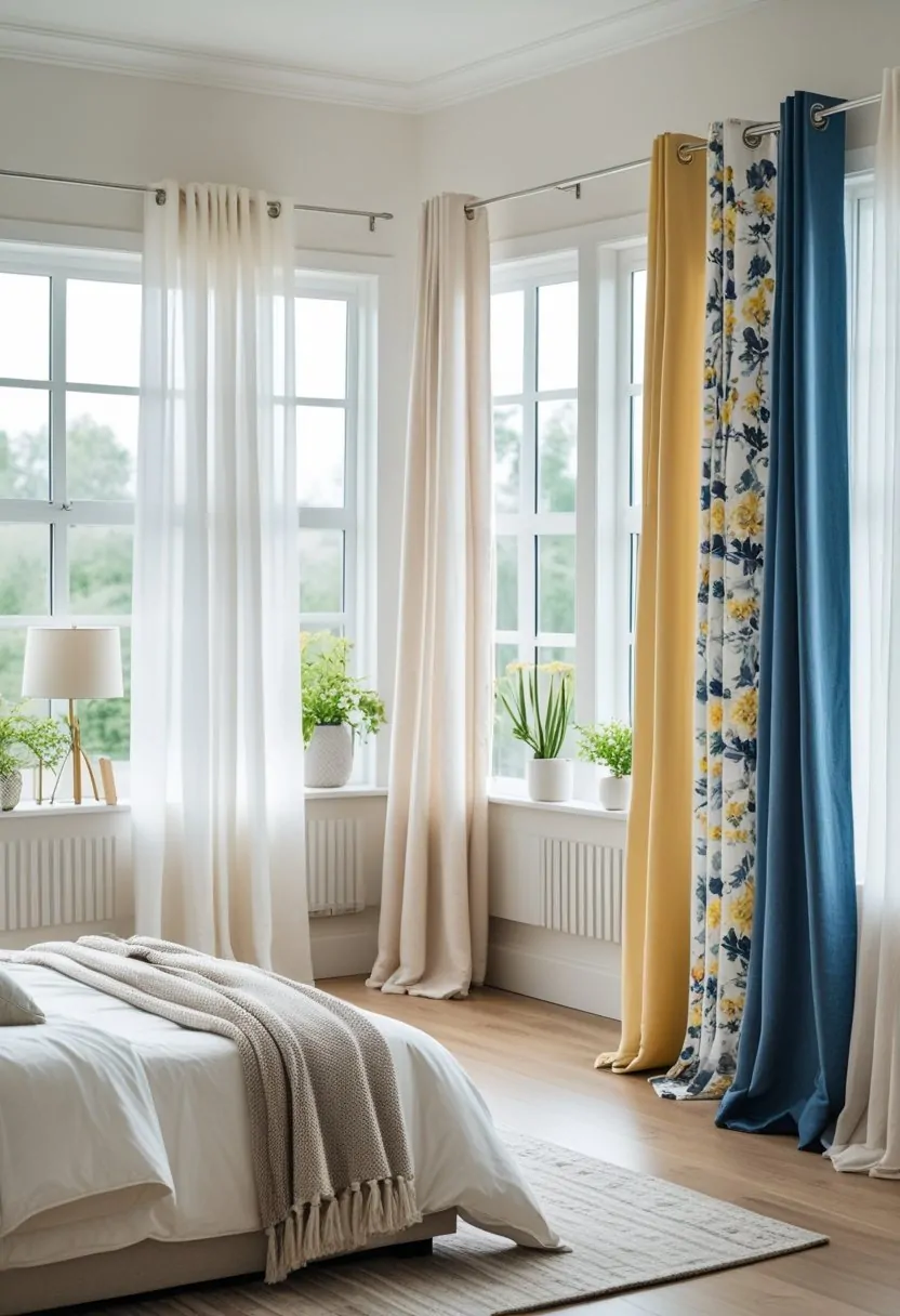 A bedroom with seven different curtains displayed on multiple windows, featuring a bed, bedside table, and soft natural light.