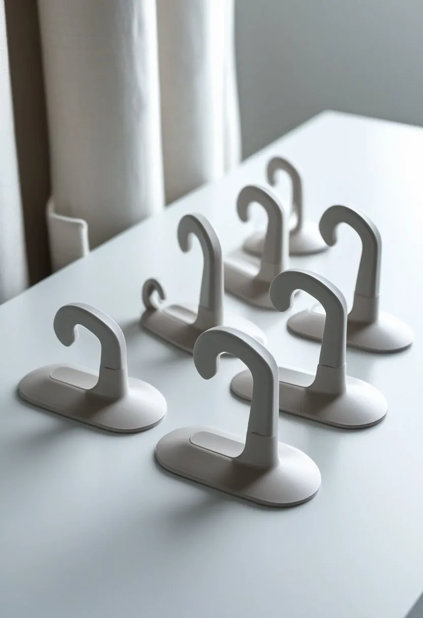 Seven self-adhesive curtain rod holder hooks arranged on a white surface.