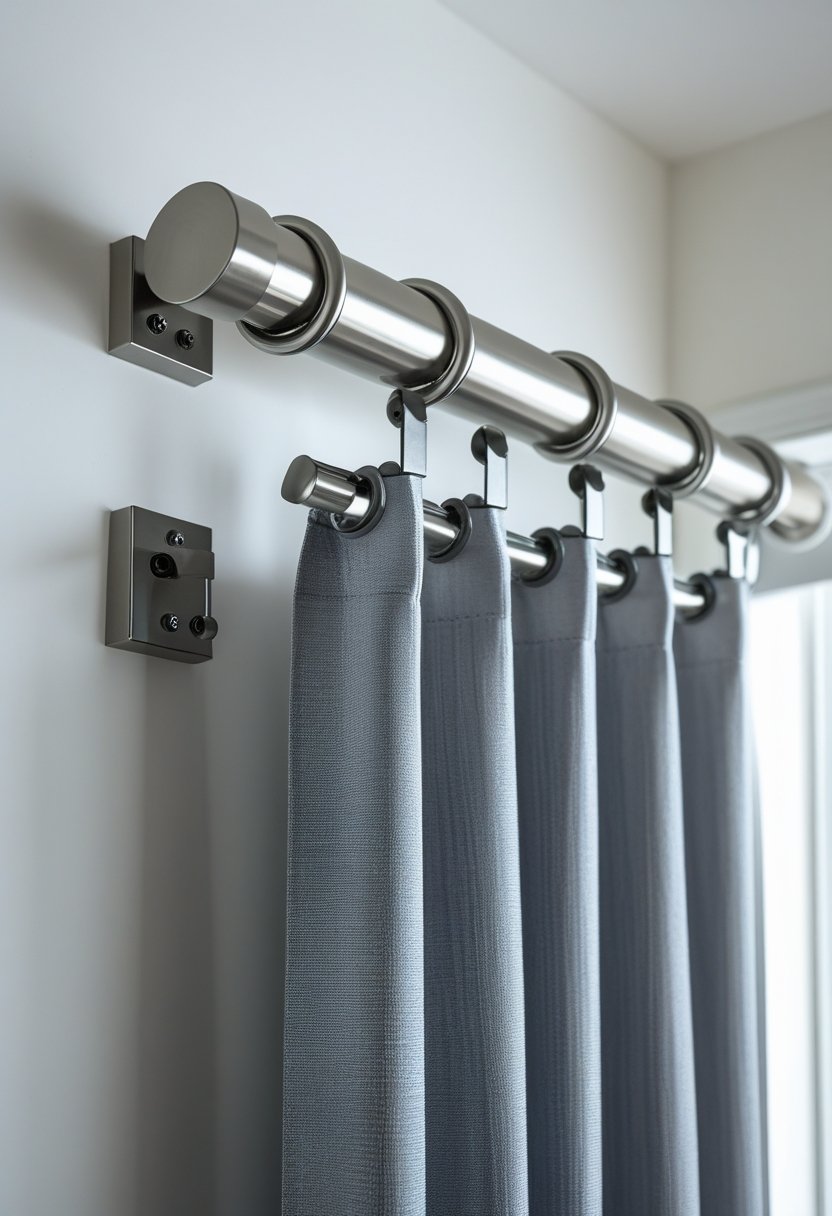 A telescoping steel curtain rod mounted on a white wall with seven brackets holding it in place.