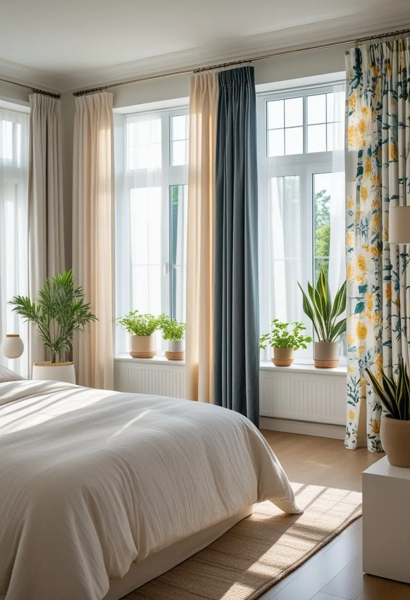 A bedroom with a bed and seven different curtains hanging on the windows, letting in soft natural light.
