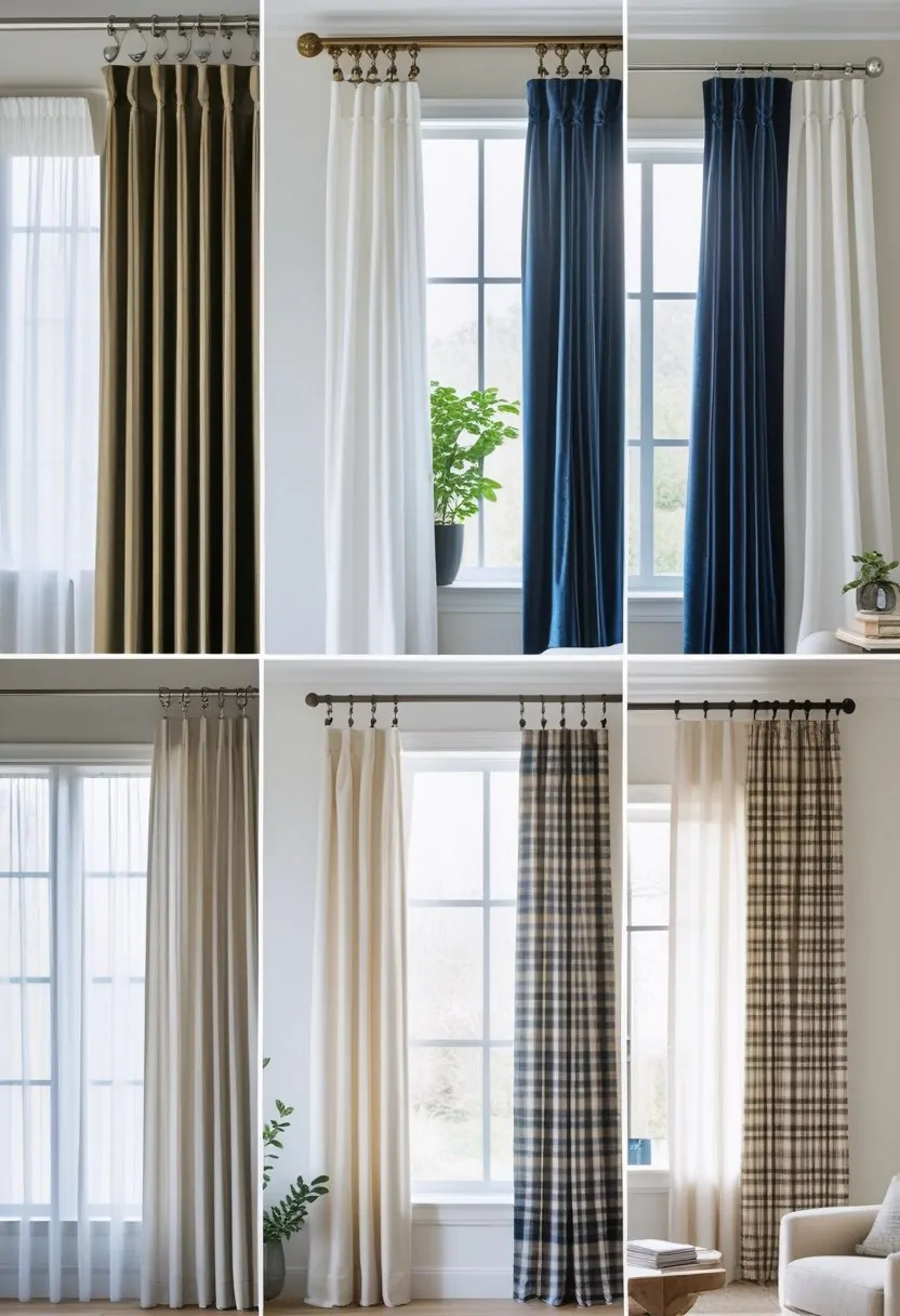 Seven different curtain rods installed above windows with various curtains in a bright living room.