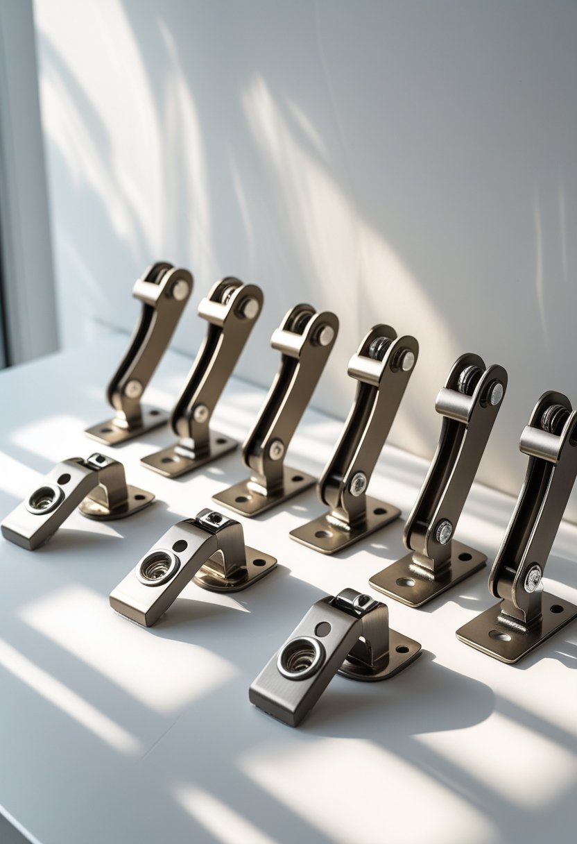 Seven decorative adjustable curtain rod brackets arranged on a white surface.