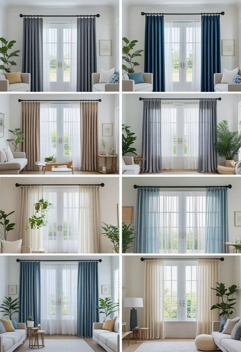 Seven different double curtain rod setups with layered curtains displayed above large windows in a bright living room.
