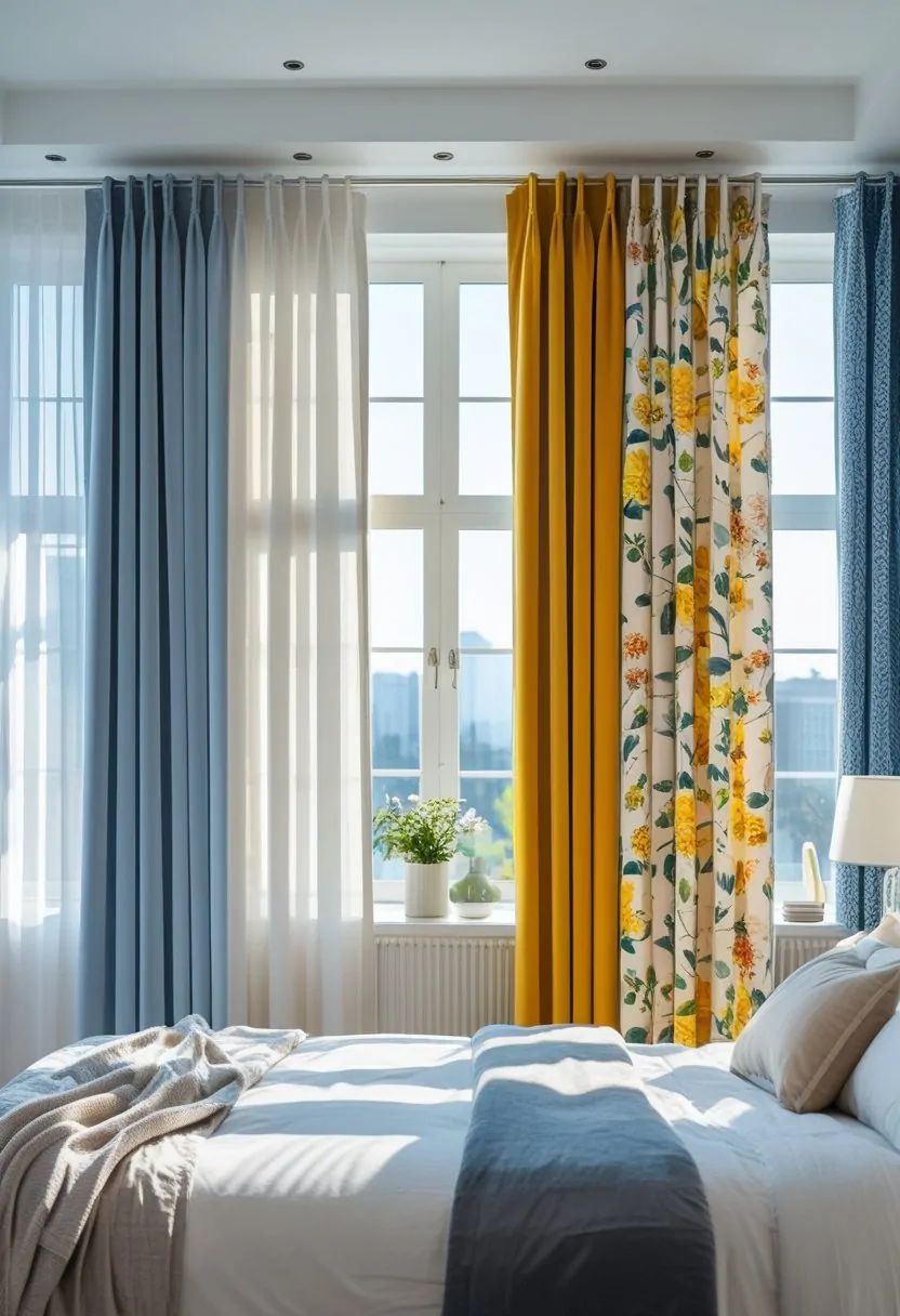 A bedroom with seven windows, each featuring a different style of curtain, with natural light coming through and a bed visible in the room.