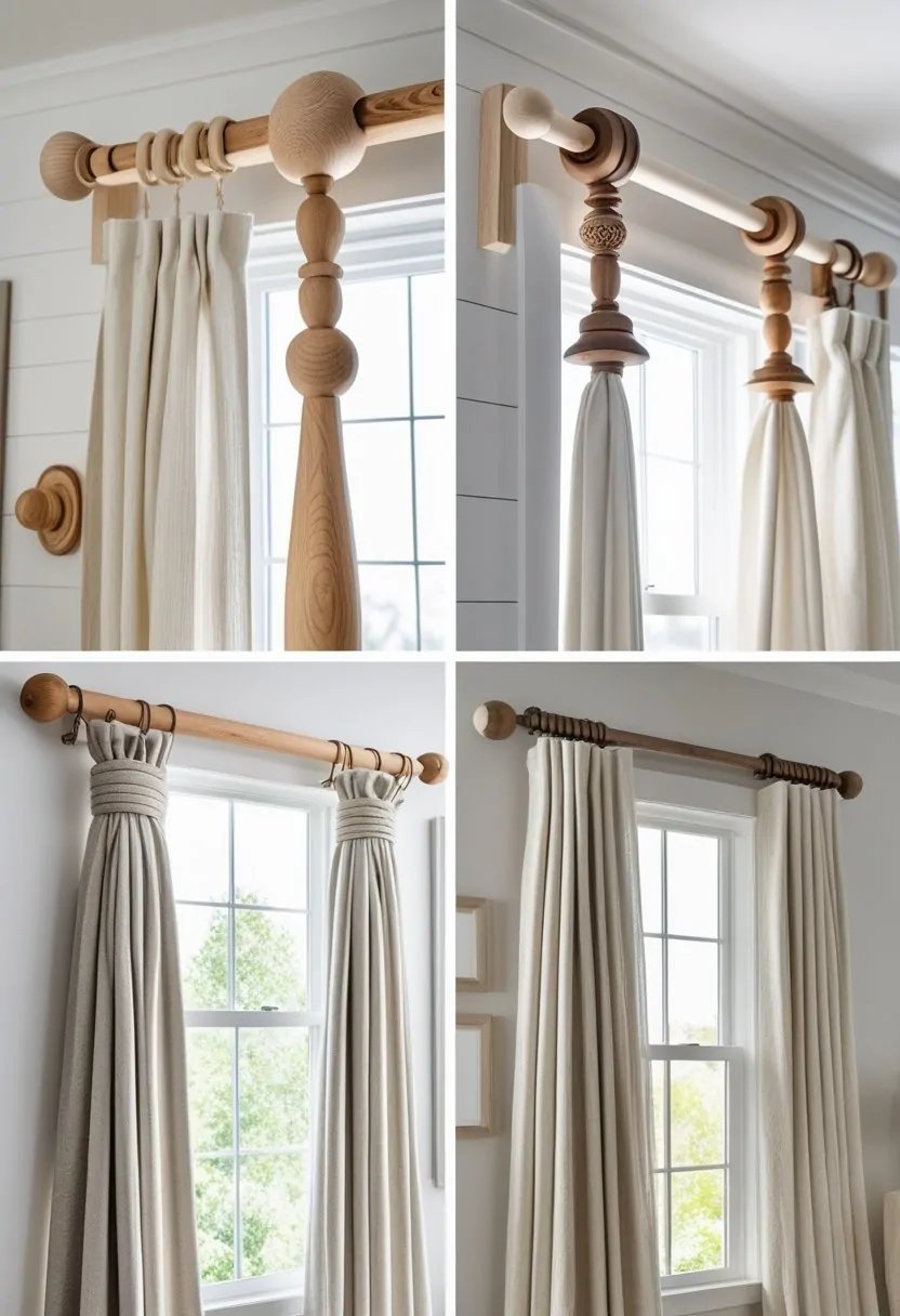 Seven different wooden curtain rods with various finials installed above windows with curtains in a bright room.