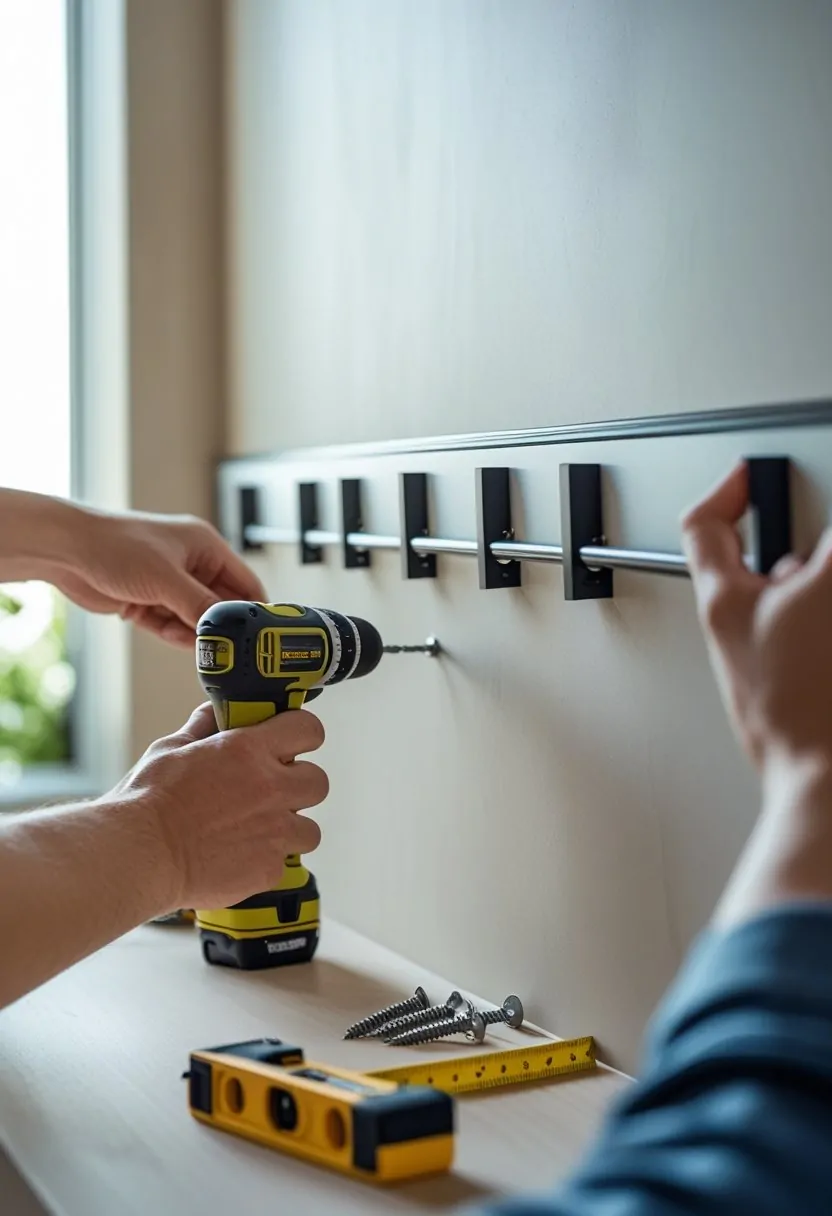 Hands installing seven curtain rod brackets evenly spaced on a light-colored wall with tools nearby.