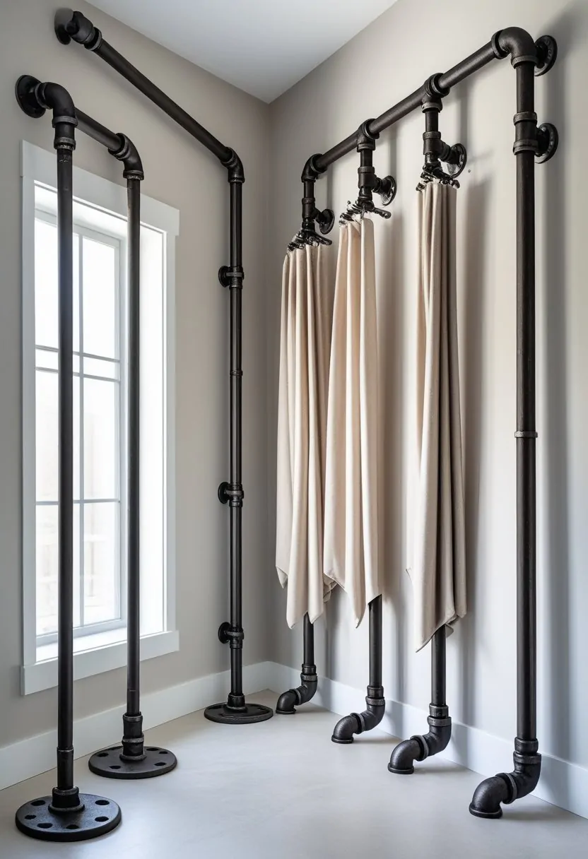 Seven different industrial pipe curtain rods displayed indoors with curtains hanging from them.