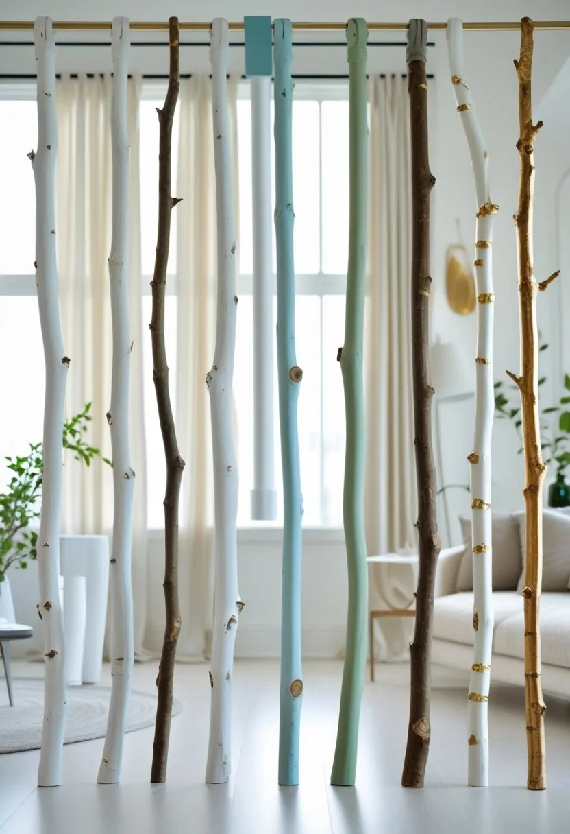 Seven curtain rods made from painted branches installed above windows with light curtains in a bright living room.