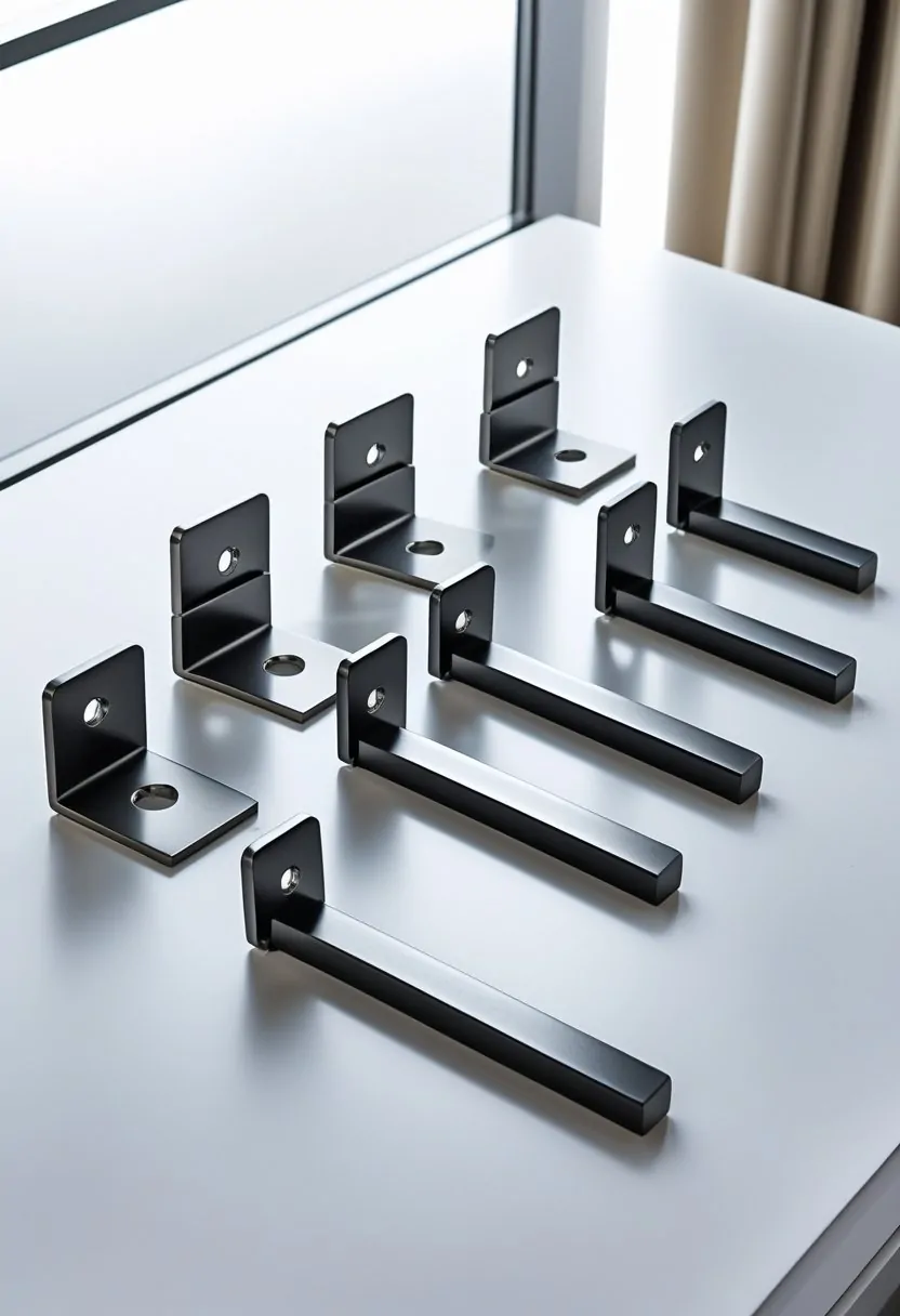 Seven metal curtain rod brackets arranged neatly on a white surface.
