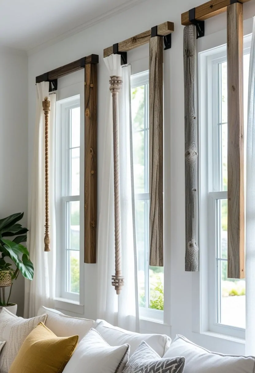Seven different curtain rods made from recycled wooden fence rails installed above windows in a bright living room with curtains hanging from each rod.