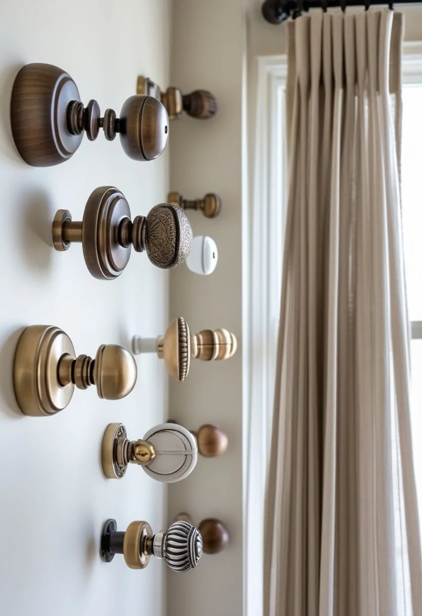 Seven curtain rods mounted on a wall, each made with door knobs as decorative ends, holding light curtains.
