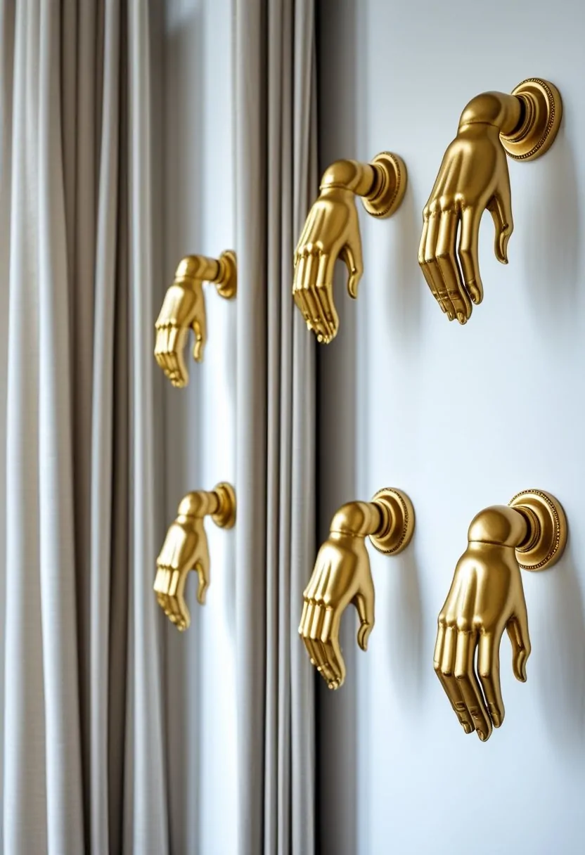 Seven curtain rods mounted on a white wall, each with gold hand-shaped curtain holders and neutral-colored curtains hanging from them.