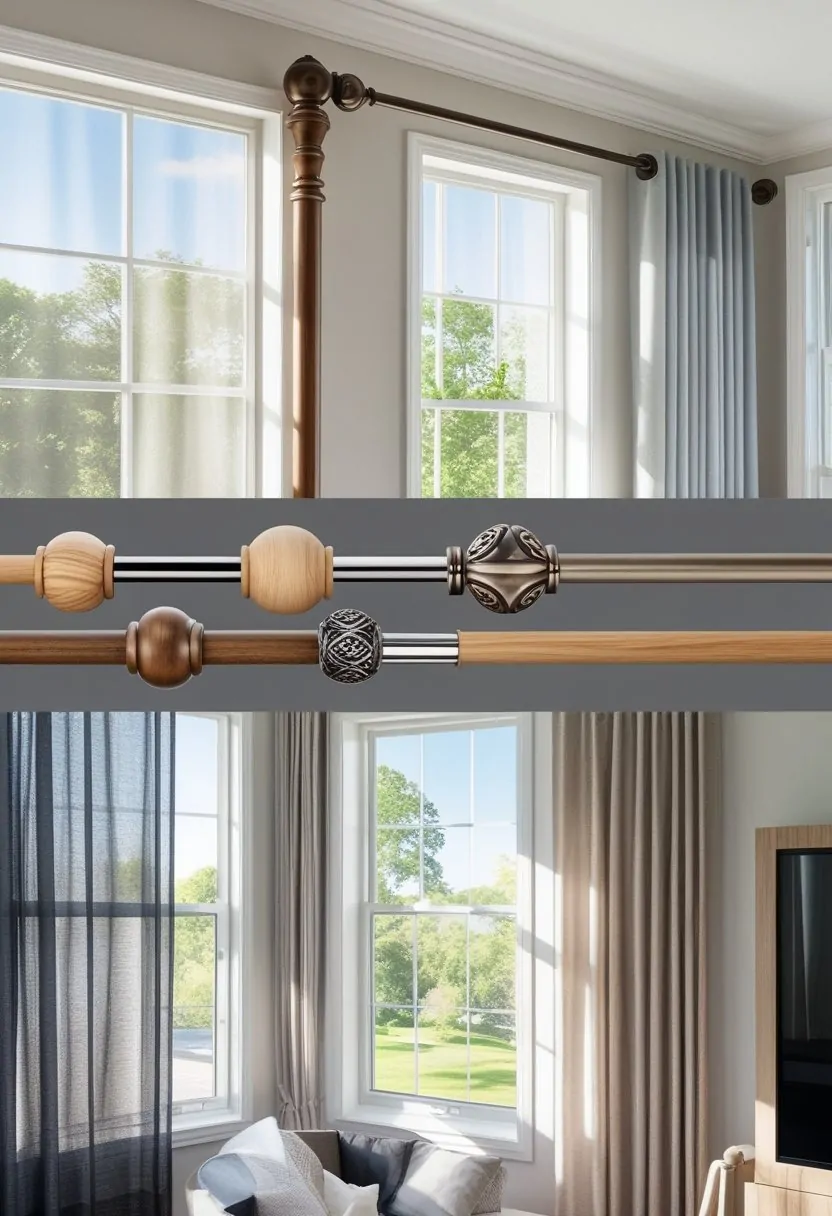 A living room with seven different curtain rods displayed above windows, each holding different curtains in a bright, modern setting.