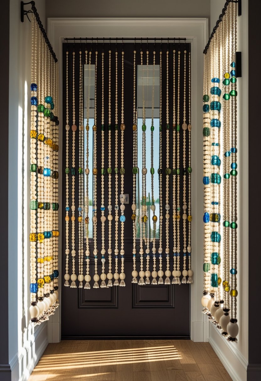A doorway decorated with seven colorful beaded curtains hanging side by side.