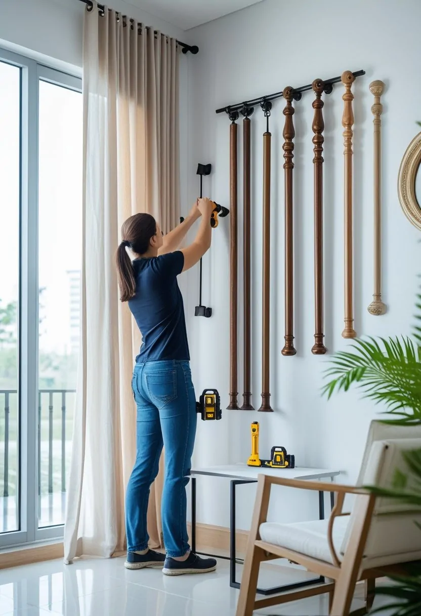 Person installing a curtain rod above a window with different curtain rod styles visible nearby in a bright living room.