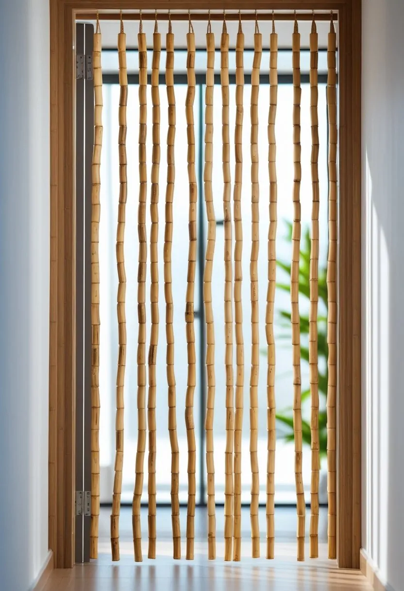A natural bamboo beaded curtain with seven strands hanging in a doorway inside a bright room.