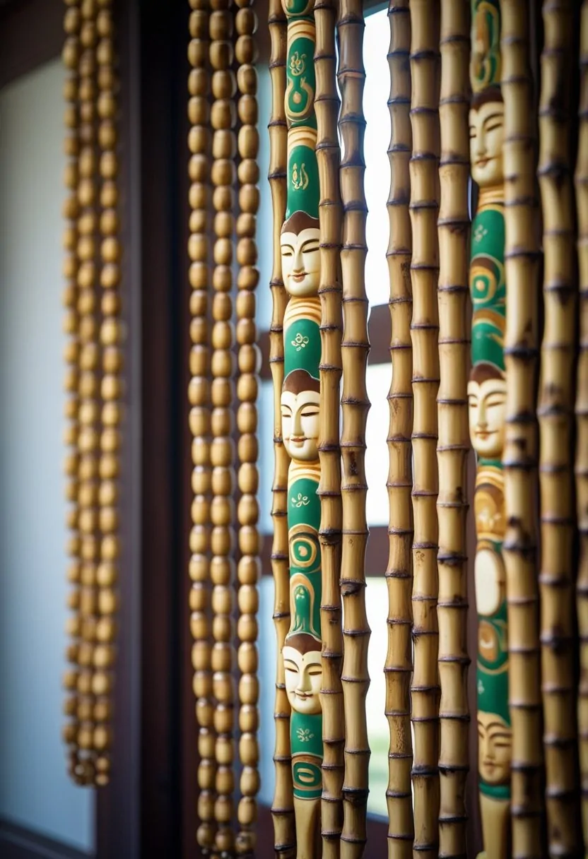A bamboo beaded curtain with painted Buddha designs hanging in a doorway.