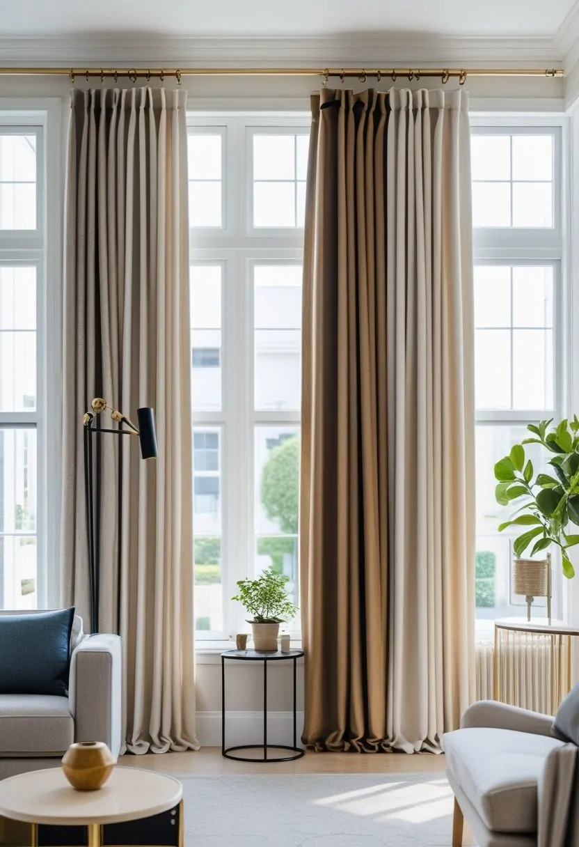 A living room with seven different curtain rods installed above windows, each featuring unique designs and curtains.