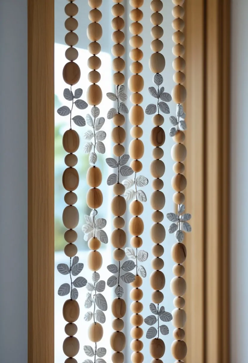 Wooden beaded curtain with white and gray leaf patterns hanging in a doorway.