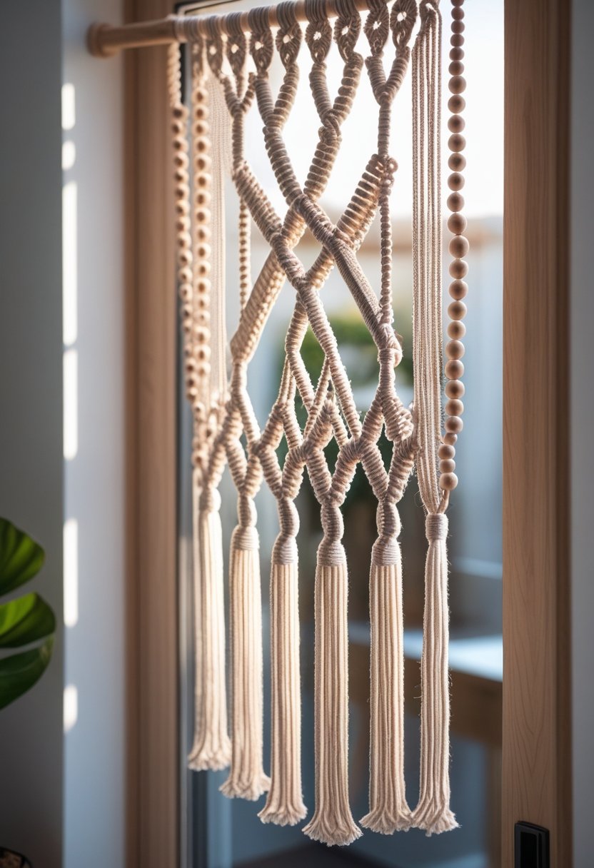 A doorway decorated with a cotton macrame curtain featuring seven strands of wooden beads.