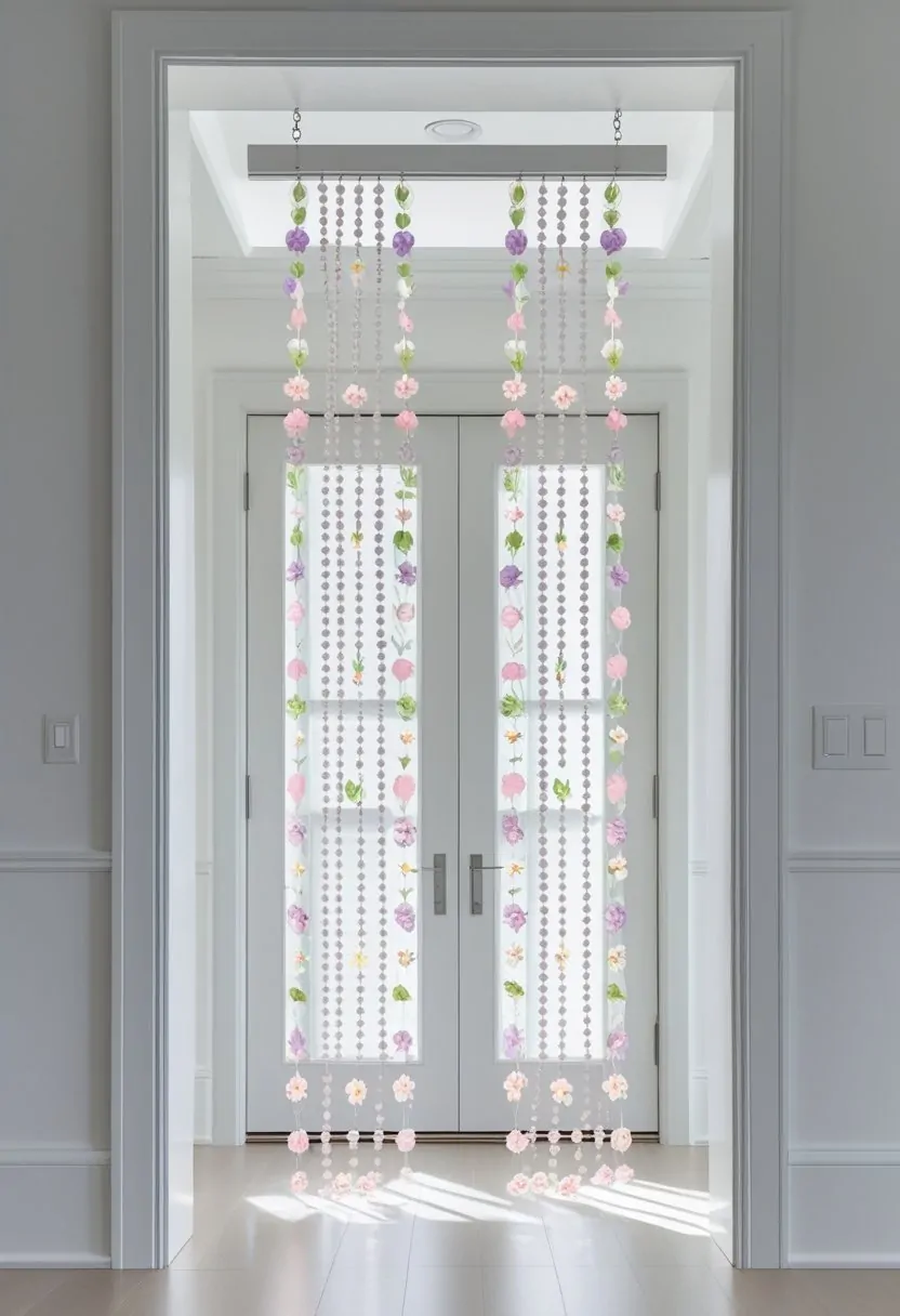 A doorway with a floral polyester beaded curtain made of seven strands hanging in a bright room.