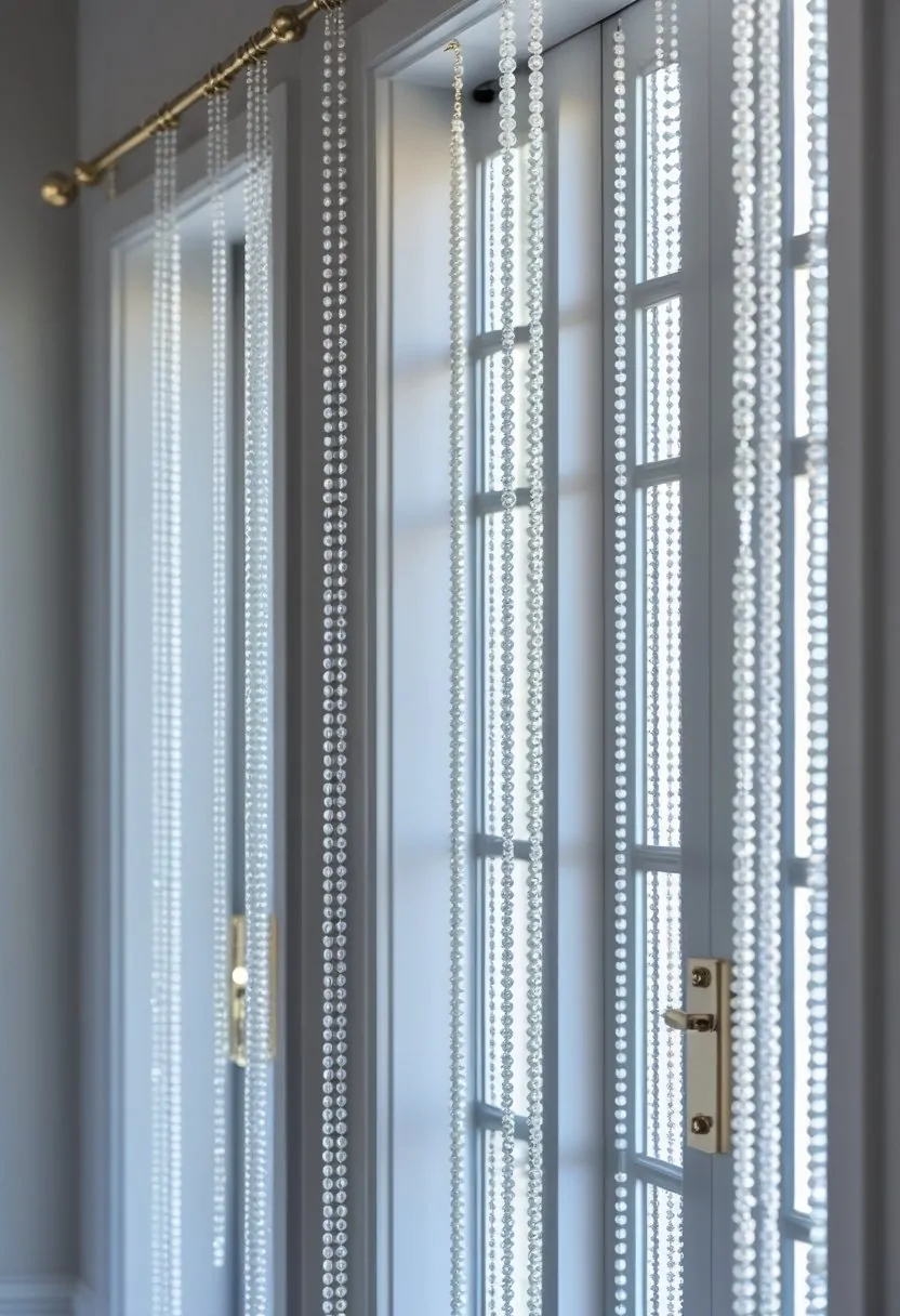 Seven acrylic beaded curtains hanging in a doorway with soft natural lighting.