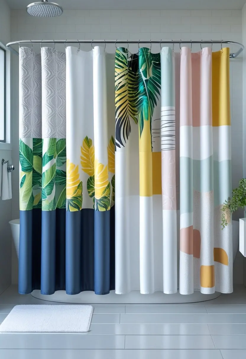 A bathroom with seven different shower curtains hanging side by side, each with a unique design and color, above a bathtub with bathroom accessories nearby.