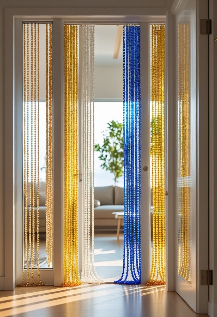 A doorway decorated with seven colorful beaded curtains hanging side by side, leading from a living room into a hallway.
