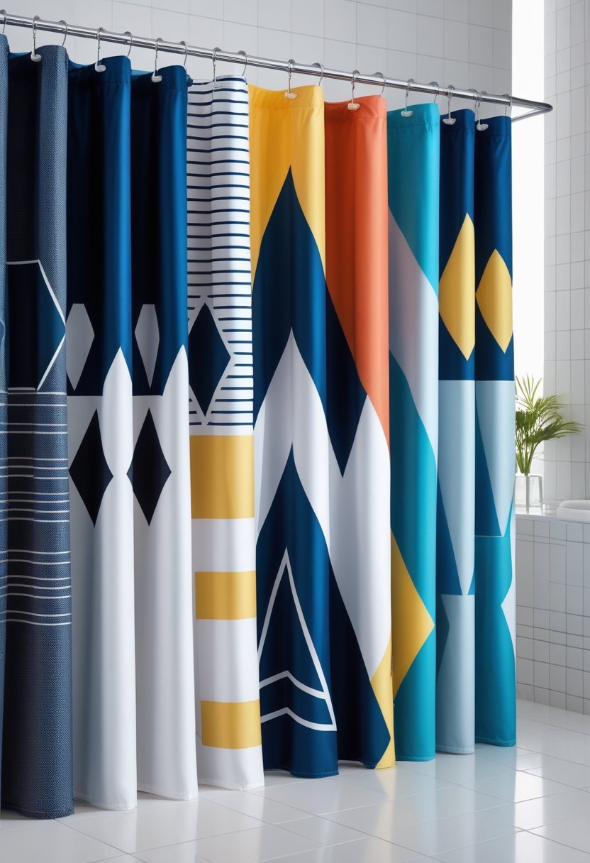 Seven shower curtains with different geometric patterns displayed in a bright bathroom.