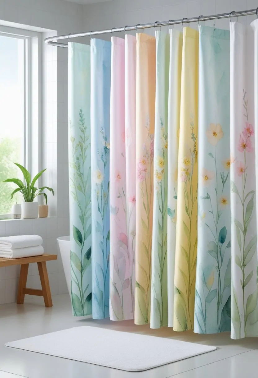 Seven shower curtains with floral patterns hanging in a bright, modern bathroom with natural light and minimal decor.