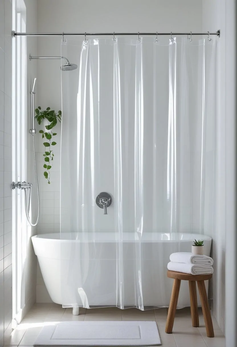 A bright bathroom with a clear vinyl shower curtain hanging around a white bathtub, featuring simple fixtures and minimal decoration.