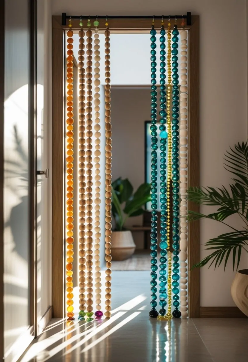 A doorway decorated with seven strands of colorful beaded curtains leading into a cozy room with plants.