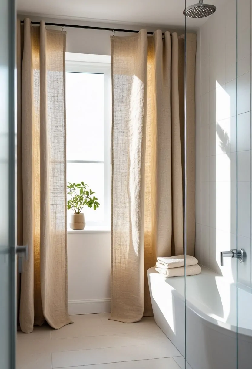 A bathroom with textured linen curtains next to a shower area with white tiles and glass door, featuring a potted plant and towels.
