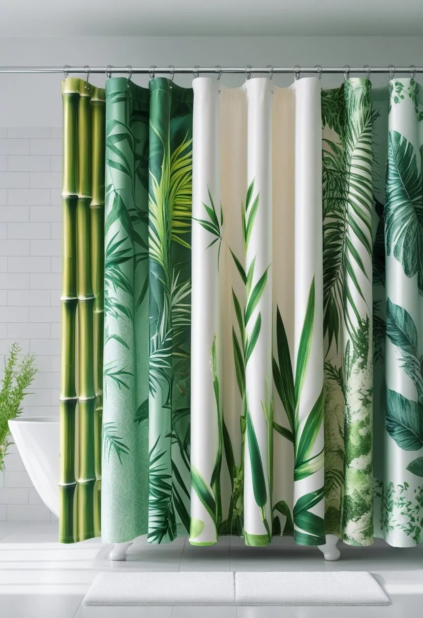 Seven shower curtains with bamboo and leaf patterns hanging in a bright modern bathroom.