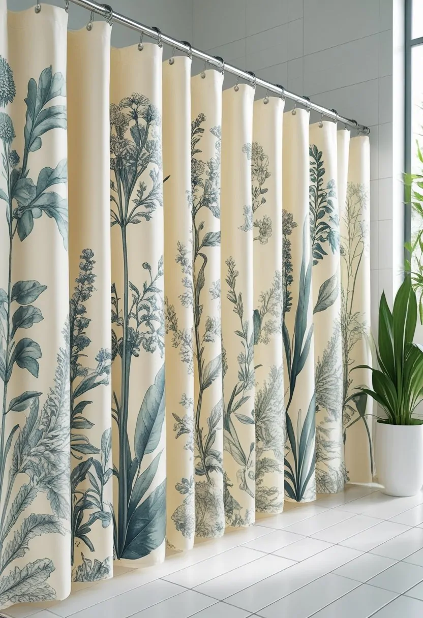 Seven shower curtains with detailed botanical plant and flower designs displayed in a bright bathroom.