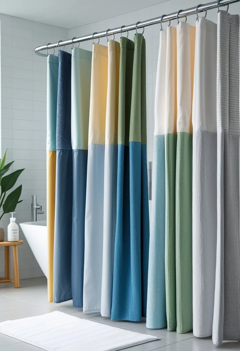 A bathroom displaying seven different shower curtains made from various materials hanging side by side on a shower rod.