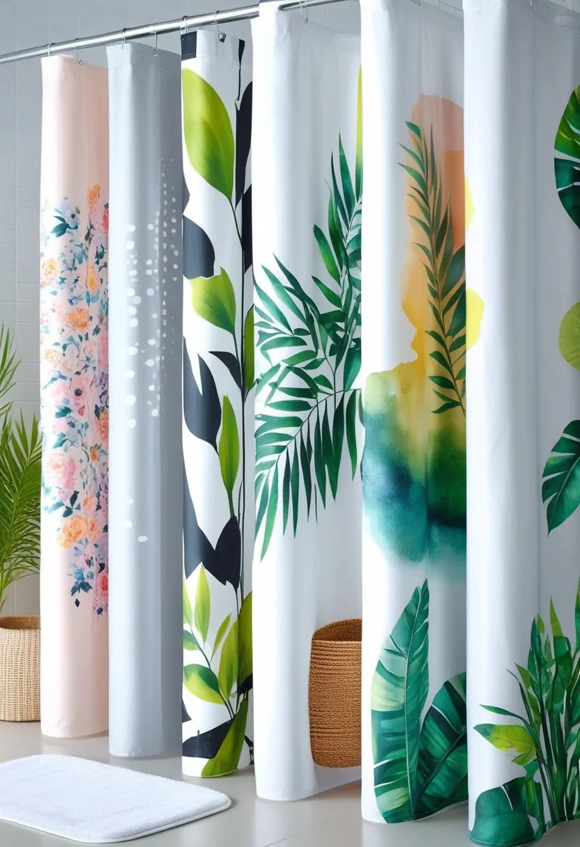A bathroom scene displaying seven different shower curtains, each with unique patterns and colors, coordinated with matching bathroom accessories.