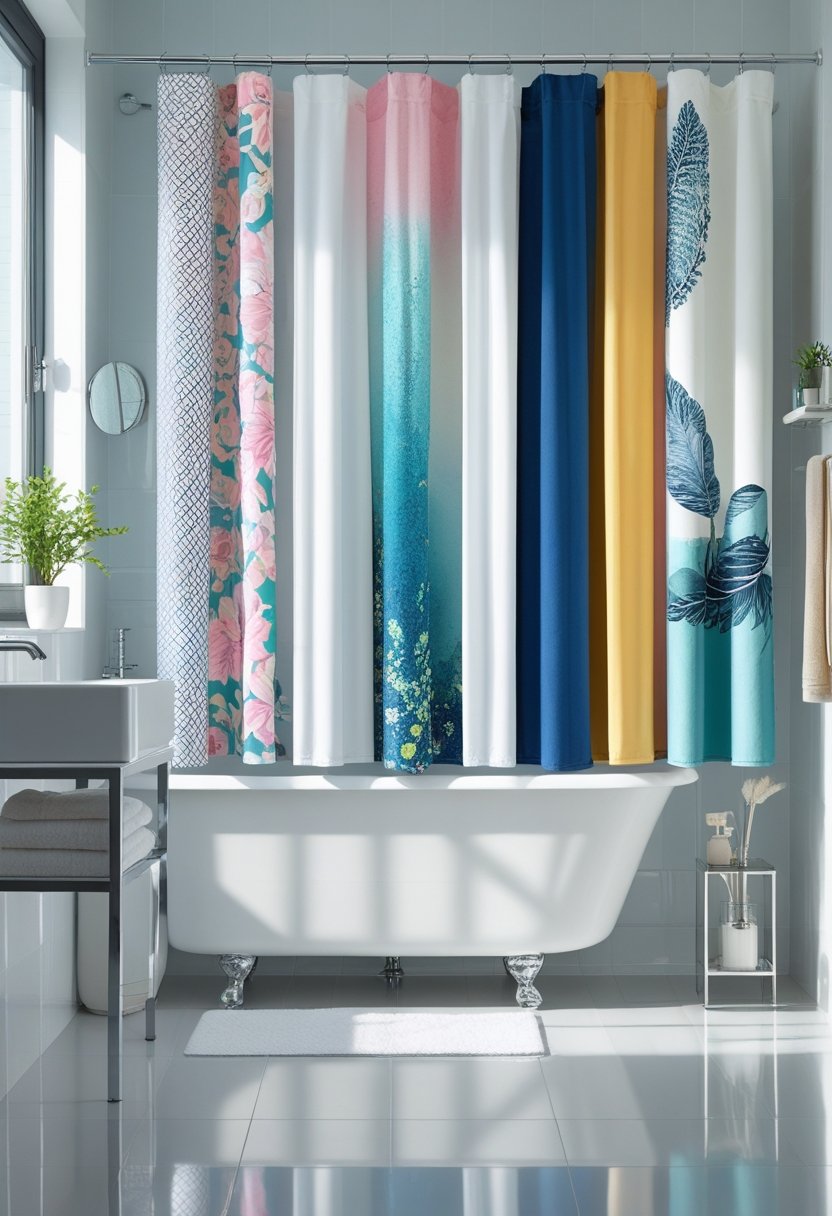 A bathroom displaying seven different shower curtains with various patterns and colors hanging around a bathtub.